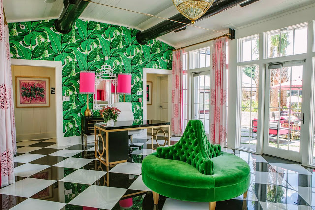 borne-settee-round-sofa-green-velvet-black-white-harlequin-floors-brazilliance-carleton-varney-wallpaper-palm-pink-schumacher